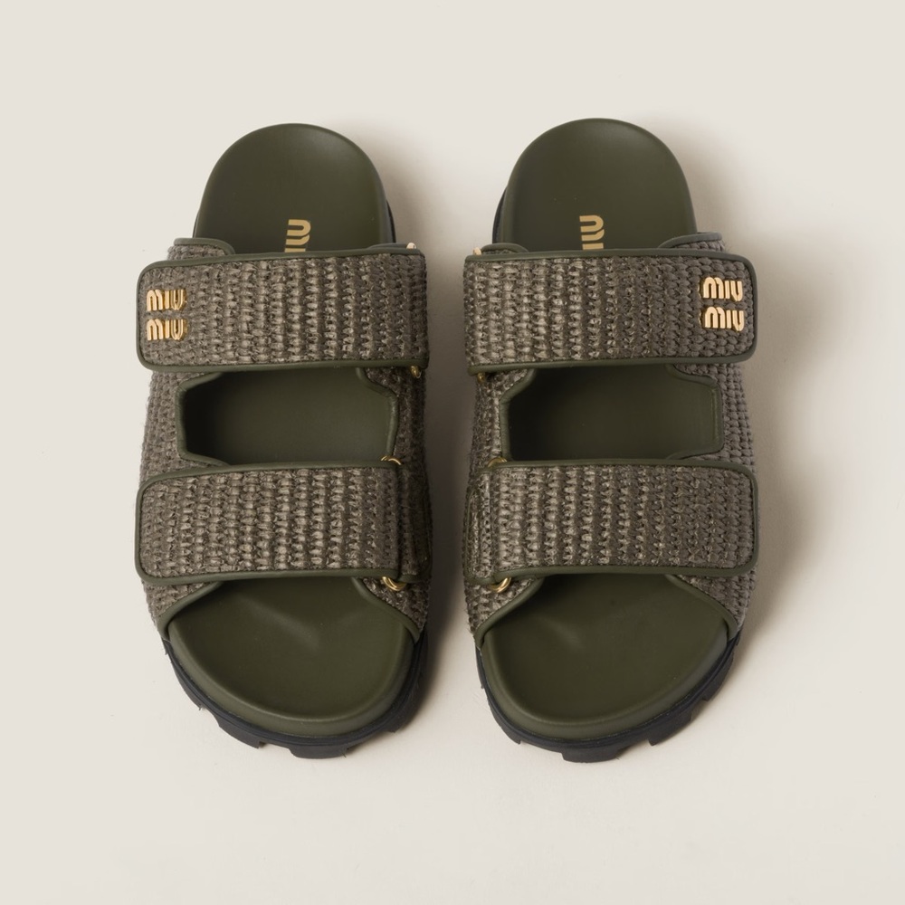 Miu Miu Raffia-effect woven fabric sandal strap slides military green - size 37